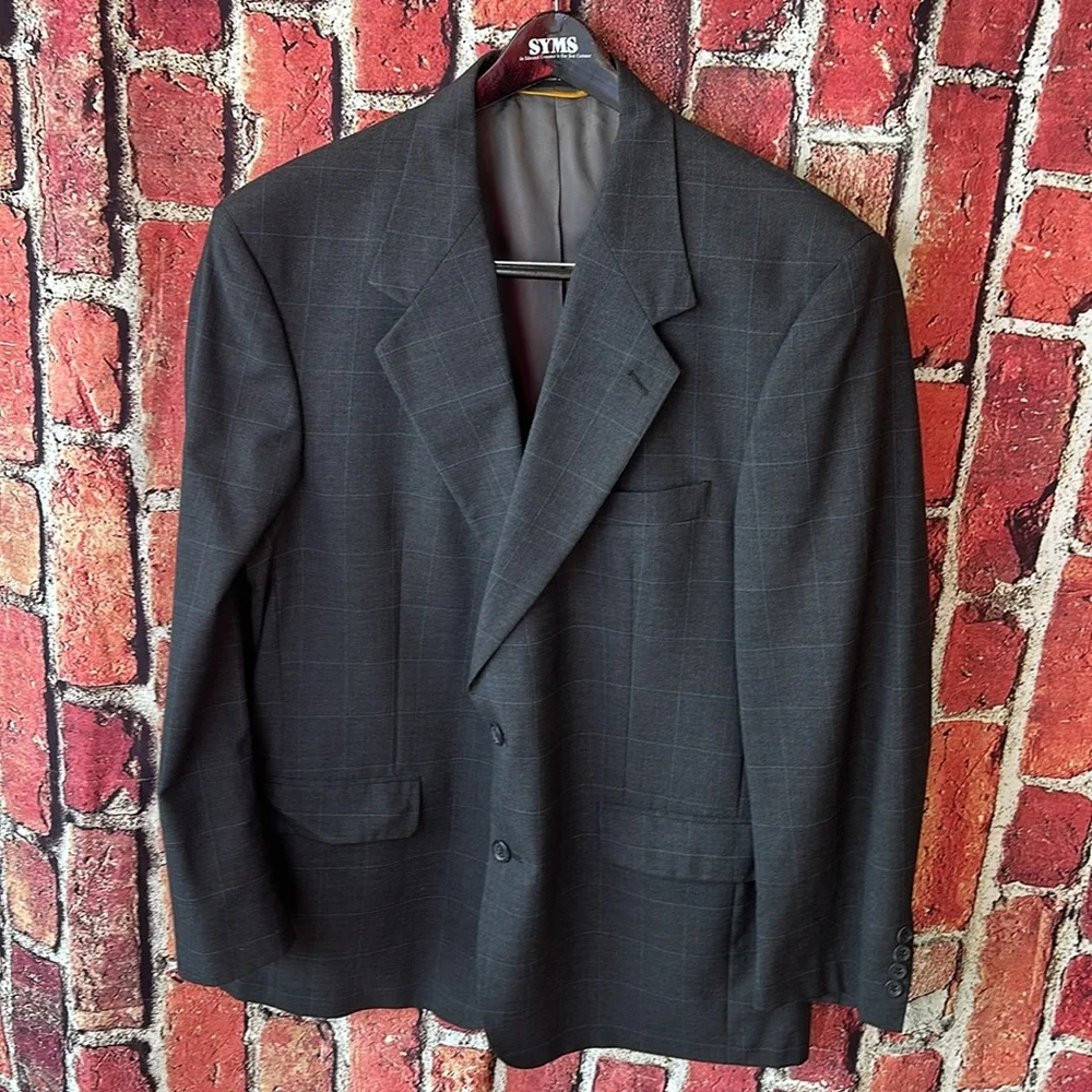 Bill Blass Menswear Vintage Blazer Suit Jacket Size 44 R Gray Plaid
